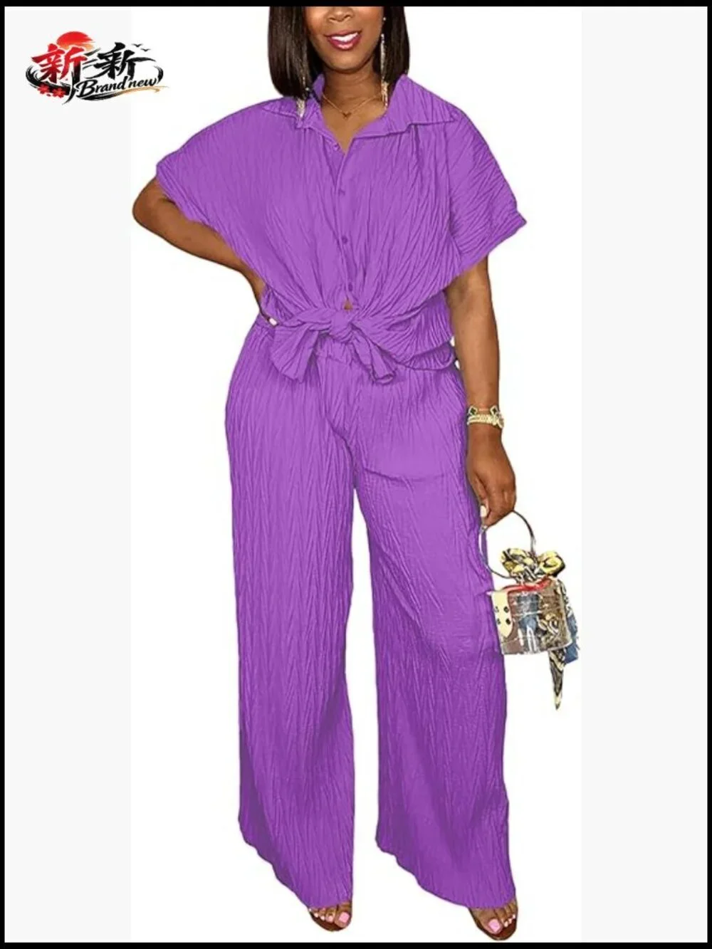 Polyester Spandex Two Piece Set Button Down Shirt Wide Leg Pants